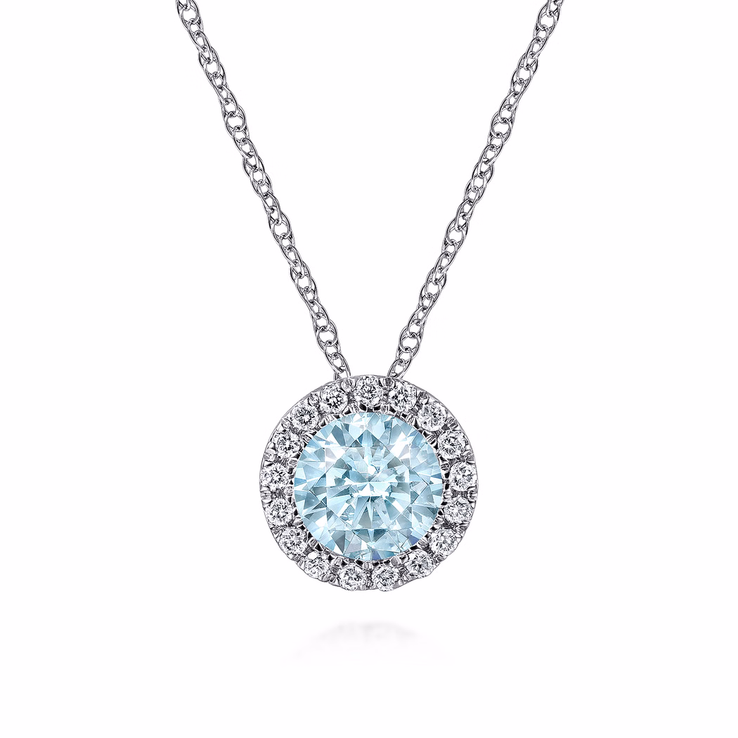 14K White Gold March Birthstone Pendant with .42ct Aquamarine & .06ctw Diamond Halo 18″ Fine Jewelry