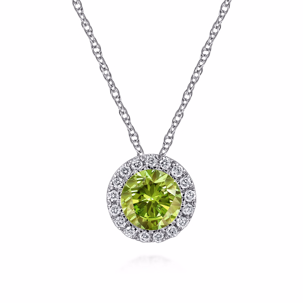 14K White Gold August Birthstone Pendant with .52ct Peridot & .06ctw Diamonds 18″ Fine Jewelry