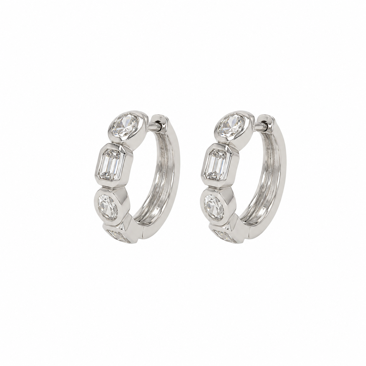 14K White Gold Huggies with 1.39ctw Lab-Grown Oval & Emerald Diamonds Earrings