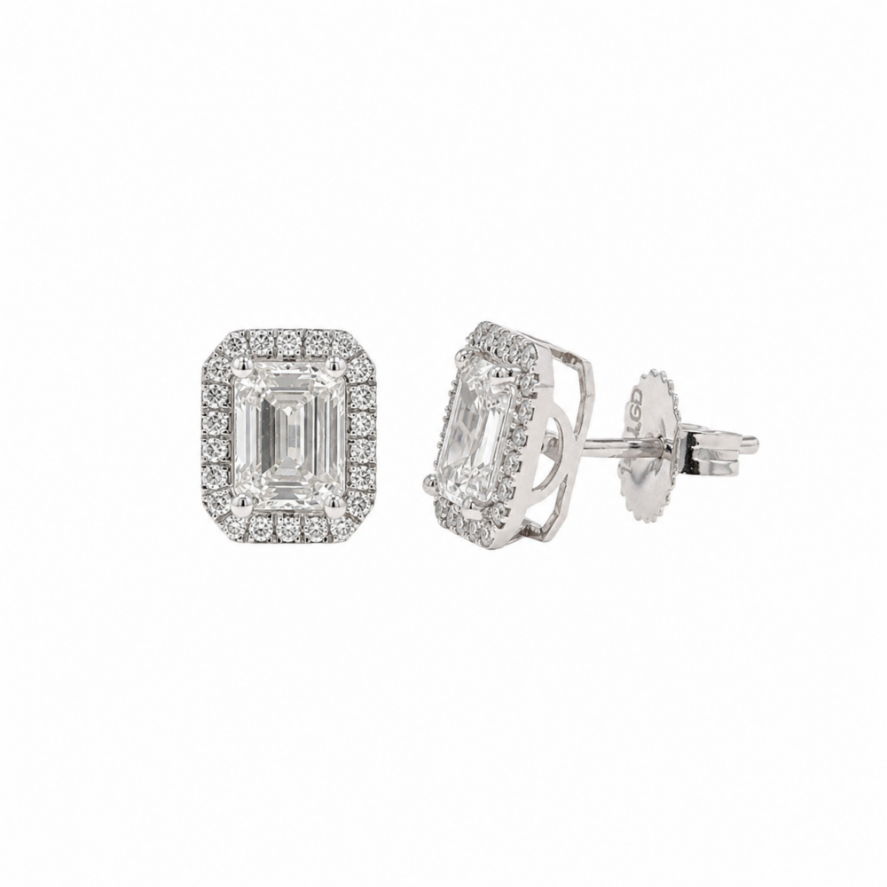 14K White Gold Halo Studs with 2.30ctw Lab-Grown Emerald Diamonds Earrings 3