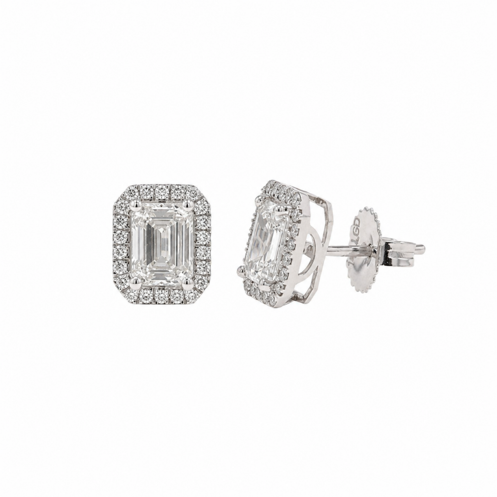14K White Gold Halo Studs with 2.30ctw Lab-Grown Emerald Diamonds Earrings 2