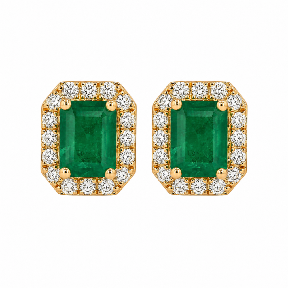 14K Yellow Gold Studs with 3.52ctw Emeralds & .82ctw Diamond Halo Earrings 3