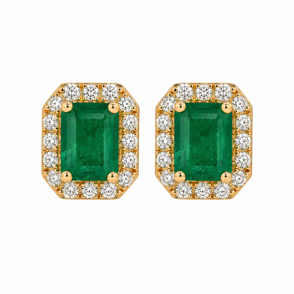 14K Yellow Gold Studs with 3.52ctw Emeralds & .82ctw Diamond Halo Earrings 2
