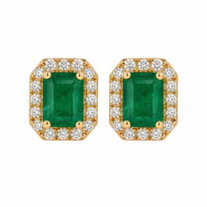 14K Yellow Gold Studs with 3.52ctw Emeralds & .82ctw Diamond Halo