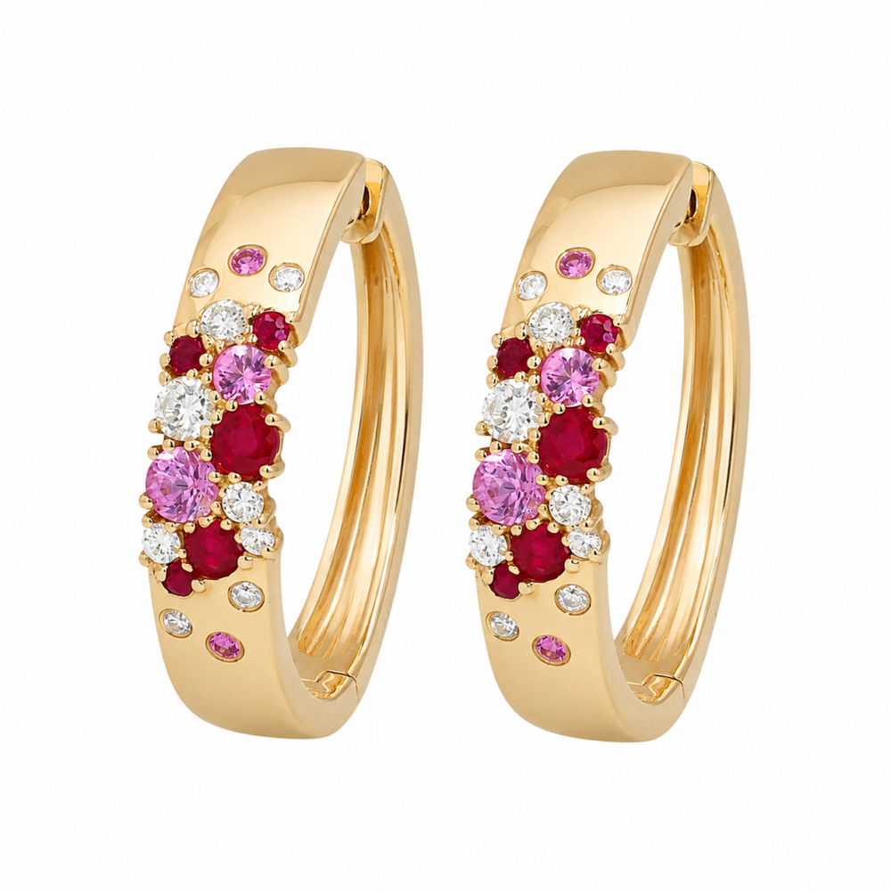 14K Yellow Gold Hoops with 1.12ctw Pink Sapphires, Rubies & Diamonds Earrings 3