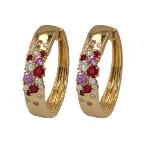14K Yellow Gold Hoops with 1.12ctw Pink Sapphires, Rubies & Diamonds