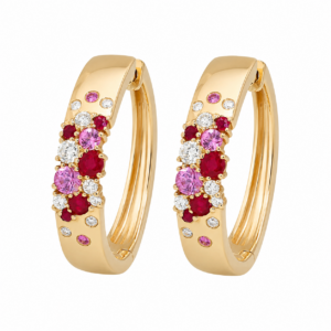 14K Yellow Gold Hoops with 1.12ctw Pink Sapphires, Rubies & Diamonds