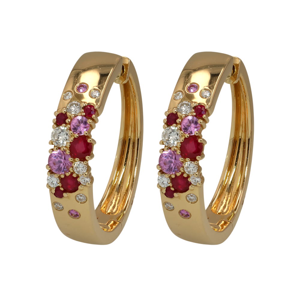 14K Yellow Gold Hoops with 1.12ctw Pink Sapphires, Rubies & Diamonds Earrings