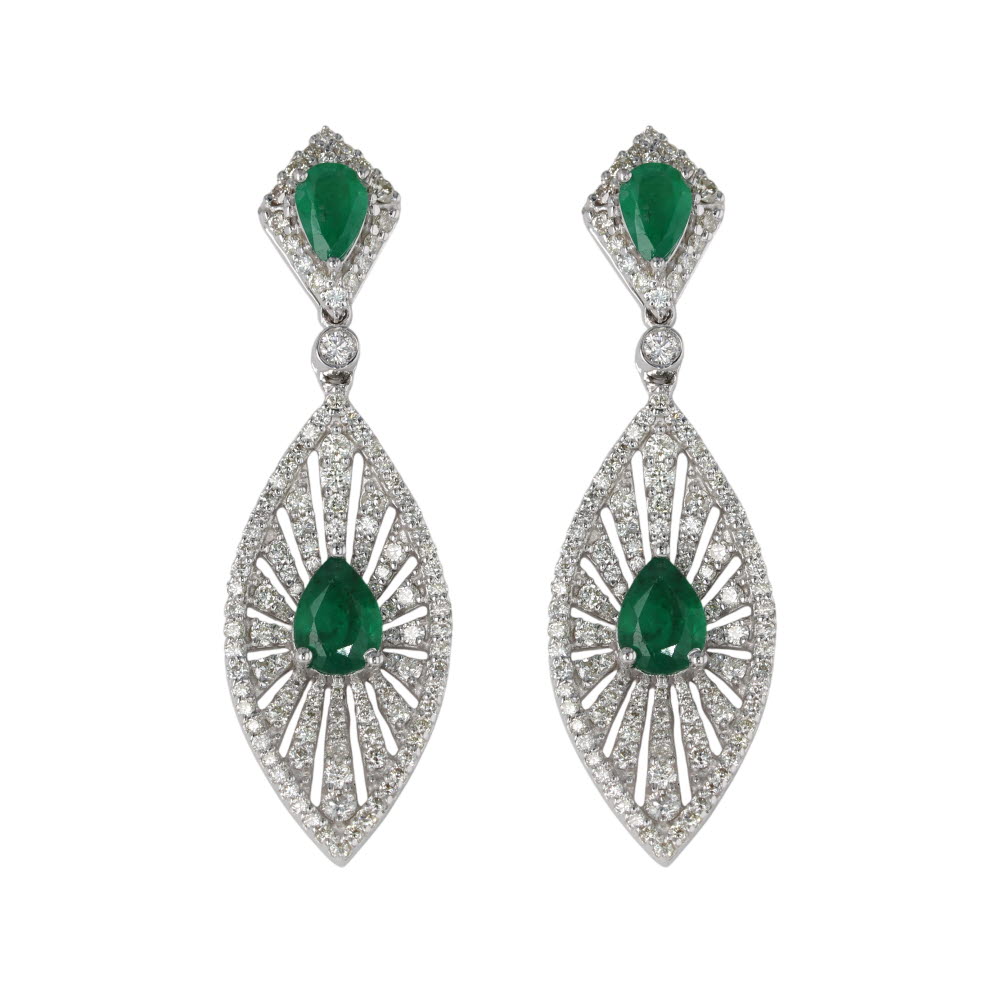 14K White Gold Earrings with 1.98ctw Pear Emeralds & 1.86ctw Diamonds Earrings