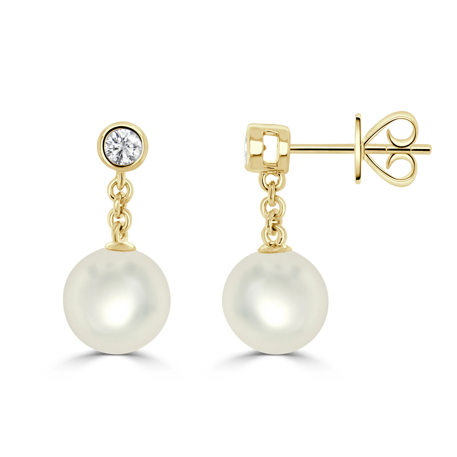 14K Yellow Gold Pearl Dangle Earrings with .18ctw Diamonds Earrings
