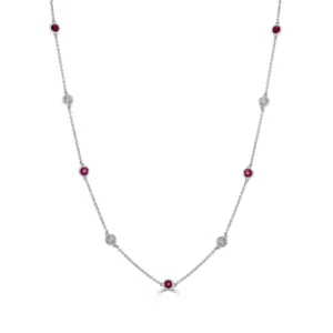 14K White Gold Station Necklace with .89ctw Rubies & .65ctw Diamonds 16-18