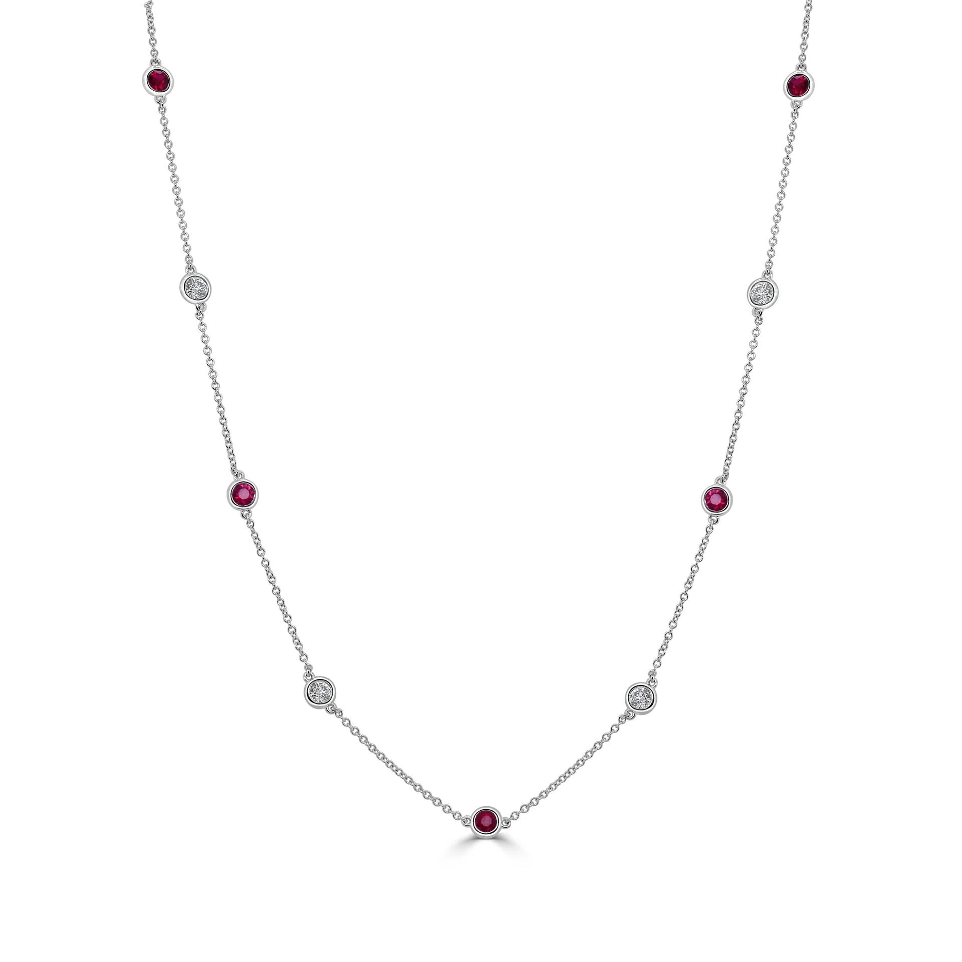 14K White Gold Station Necklace with .89ctw Rubies & .65ctw Diamonds 16-18″ Fine Jewelry