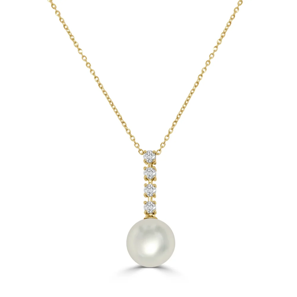 14K Yellow Gold Drop Necklace with 8.08mm Pearl & .26ctw Diamonds 16″ Fine Jewelry 3