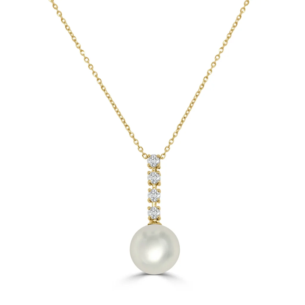 14K Yellow Gold Drop Necklace with 8.08mm Pearl & .26ctw Diamonds 16″ Fine Jewelry 2