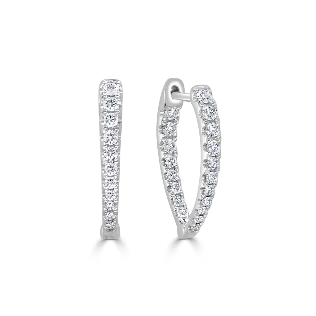 14K White Gold Point Hoops with .53ctw Diamonds 3/4″ Earrings 3