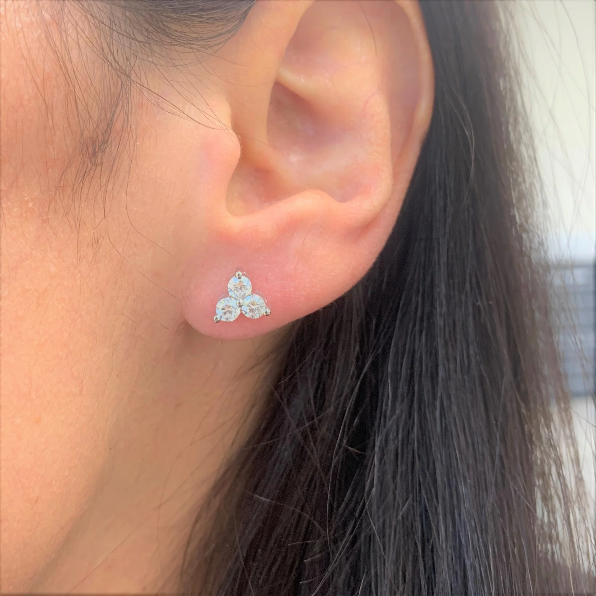 14K White Gold 3 Stone Studs with .97ctw Diamonds Earrings 2