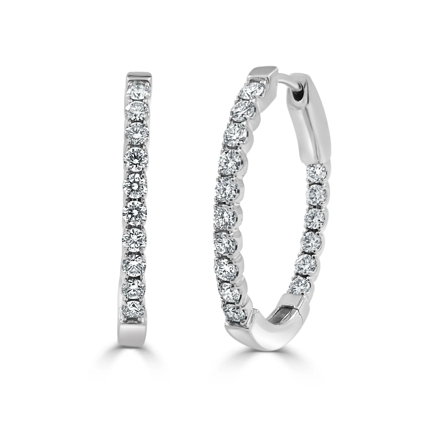 14K White Gold Oval Hoops with 1.91ctw Diamonds 1″ Earrings