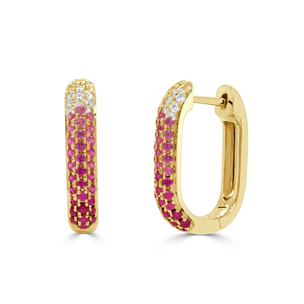 14K Yellow Gold Hoops with .61ctw Pink Sapphires & .13ctw Diamonds Earrings 2