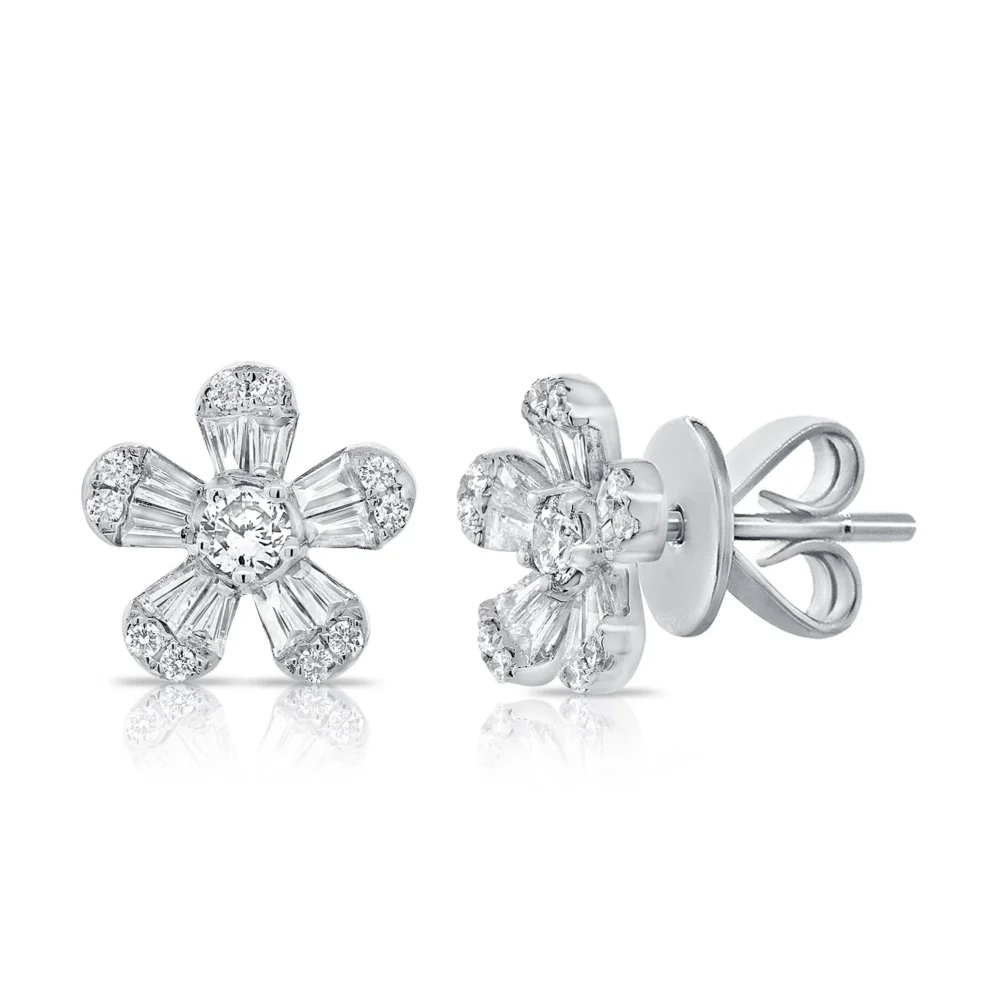 14K White Gold Flower Studs with .99ctw Baguette & Round Diamonds Earrings 3