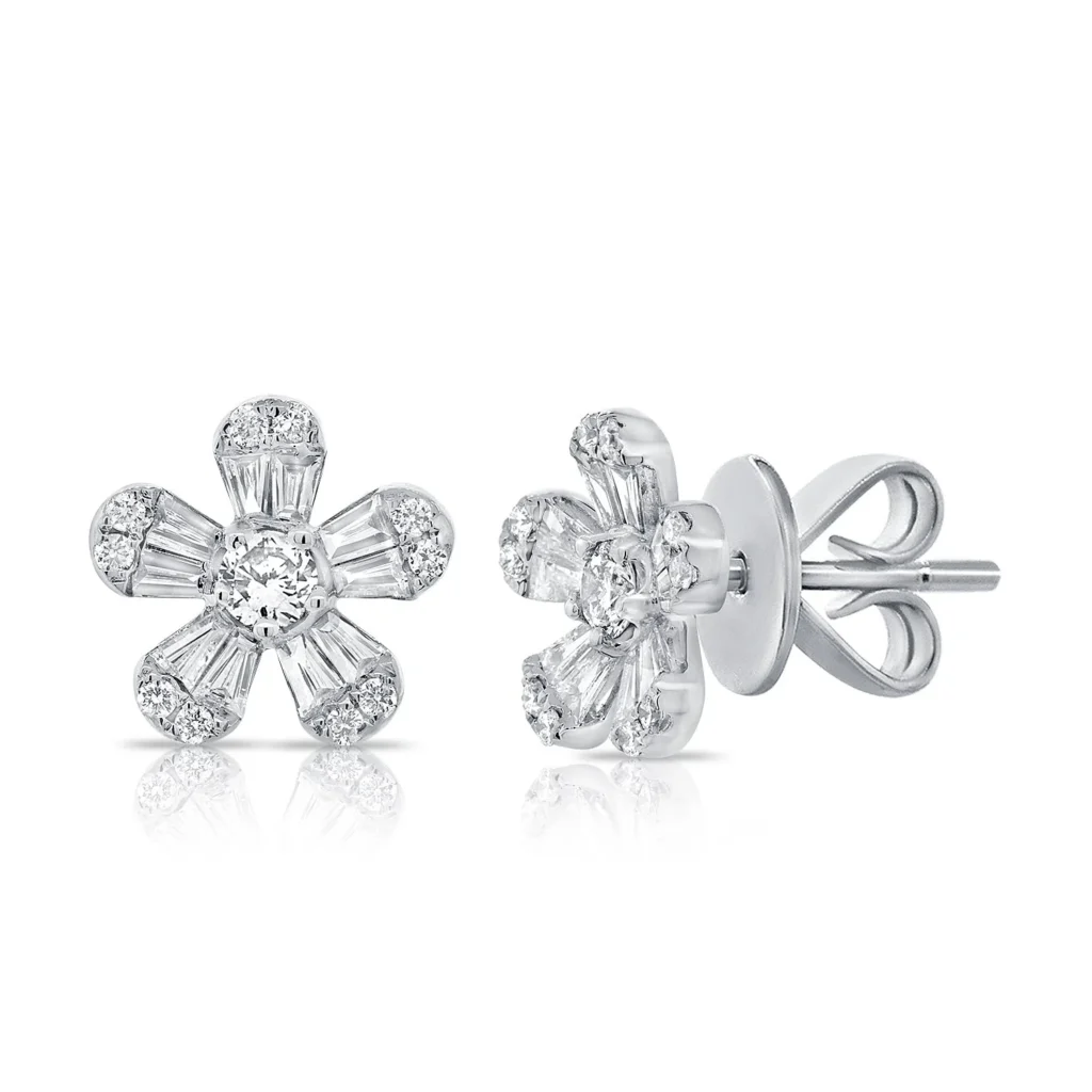 14K White Gold Flower Studs with .99ctw Baguette & Round Diamonds Earrings 2