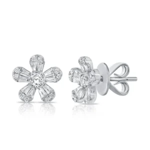 14K White Gold Flower Studs with .99ctw Baguette & Round Diamonds