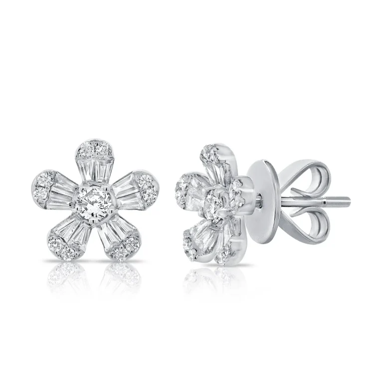 14K White Gold Flower Studs with .99ctw Baguette & Round Diamonds Earrings 2