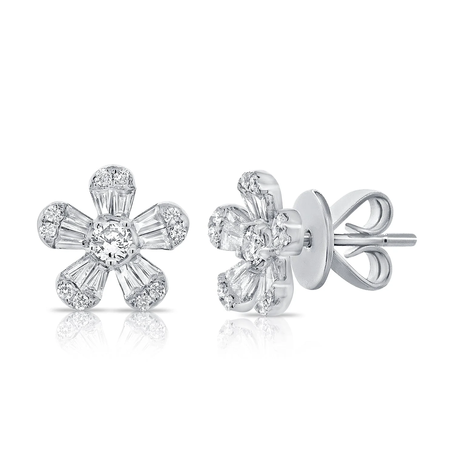 14K White Gold Flower Studs with .99ctw Baguette & Round Diamonds Earrings