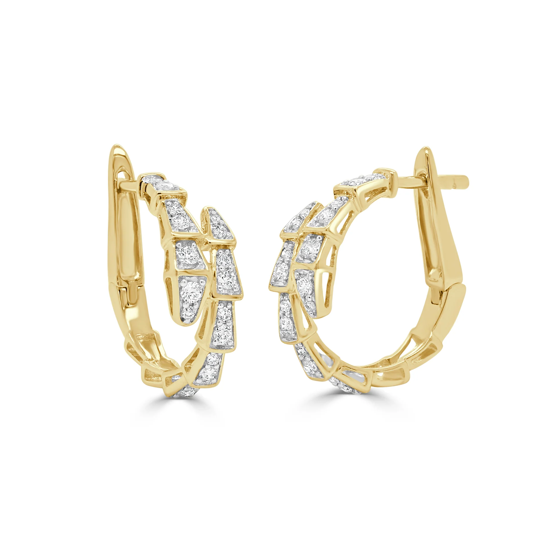 14K Yellow Gold Snake Inspired Hoops with .30ctw Diamonds Earrings
