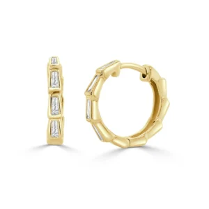 14K Yellow Gold Huggies with .38ctw Baguette Diamonds