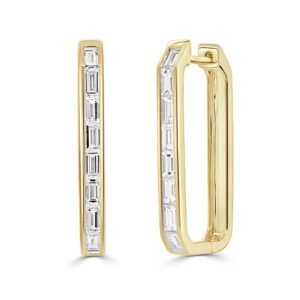 14K Yellow Gold Rectangle Hoops with .95ctw Baguette Diamonds