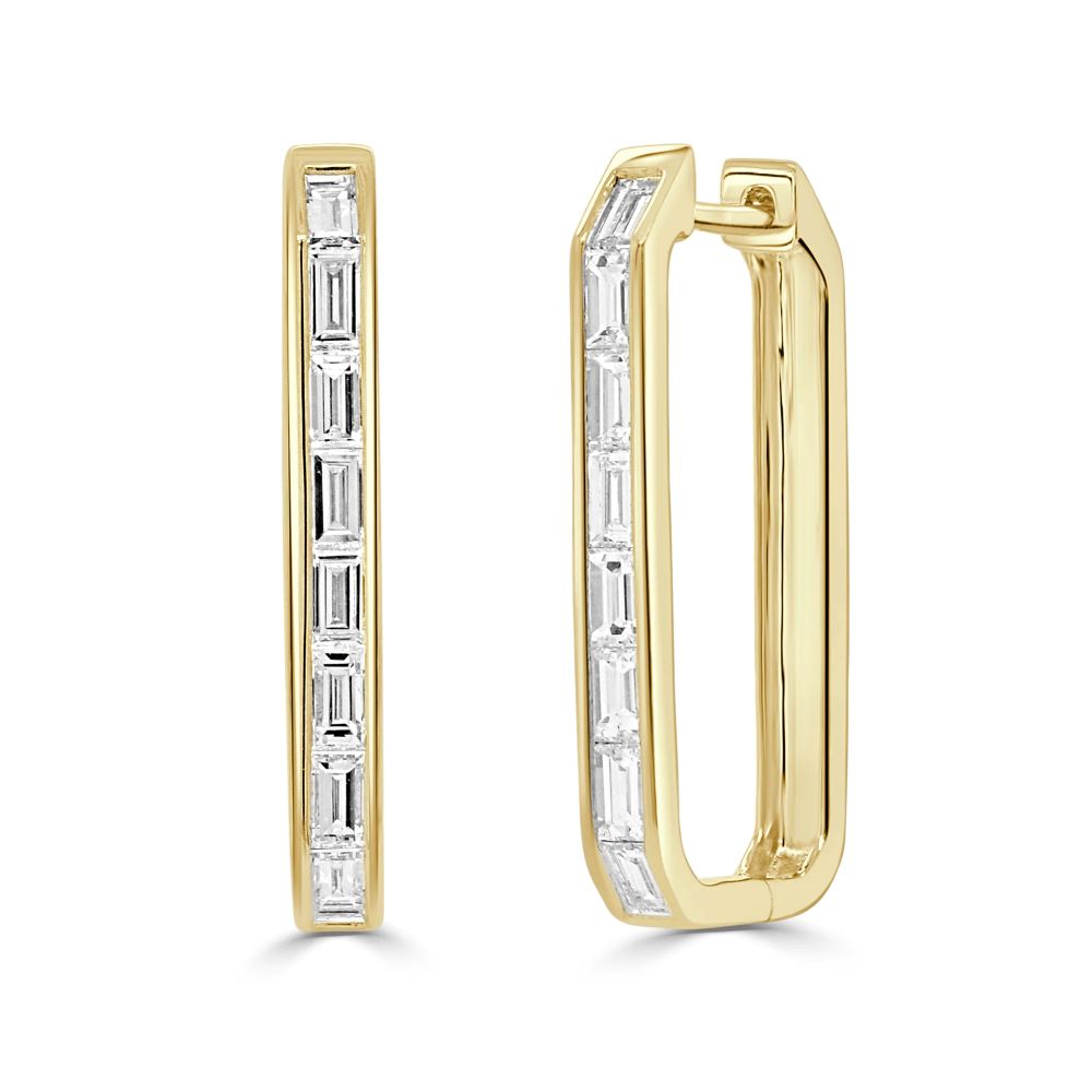14K Yellow Gold Rectangle Hoops with .95ctw Baguette Diamonds Earrings