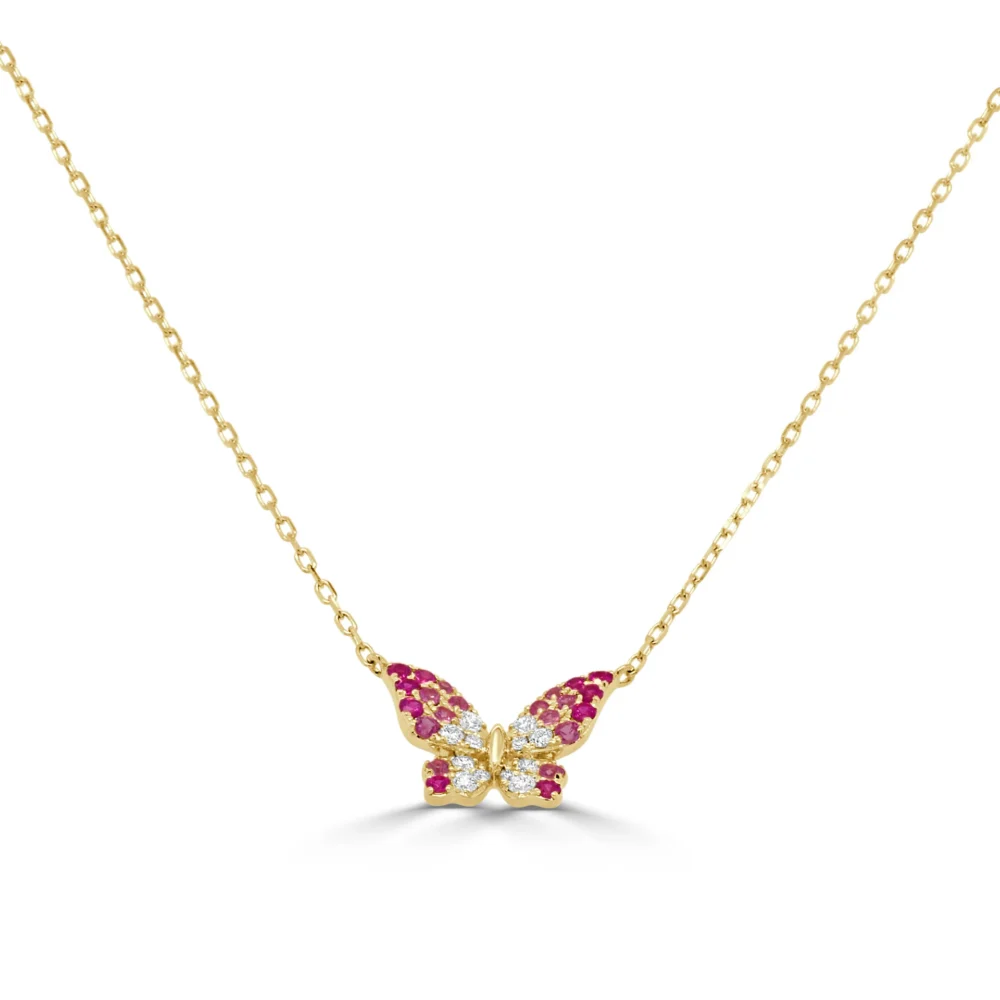 14K Yellow Gold Butterfly Necklace with .37ctw Pink Sapphires & .14ctw Diamonds 15-16″ Fine Jewelry 3