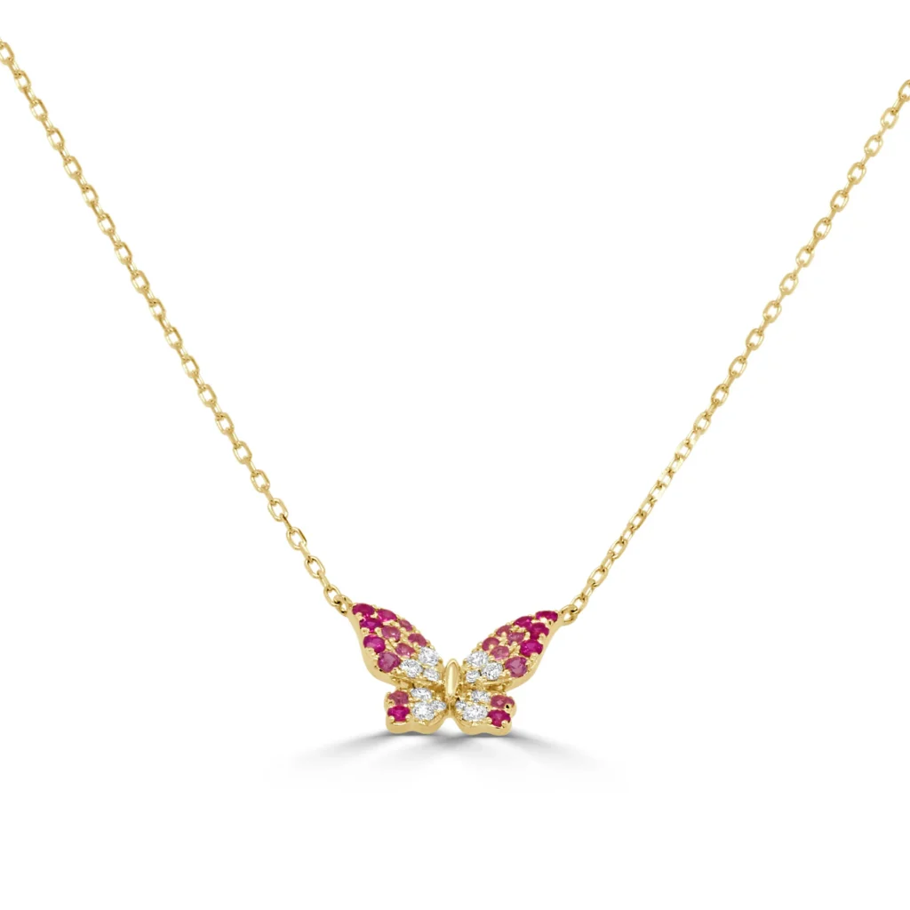 14K Yellow Gold Butterfly Necklace with .37ctw Pink Sapphires & .14ctw Diamonds 15-16″ Fine Jewelry 2