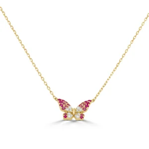 14K Yellow Gold Butterfly Necklace with .37ctw Pink Sapphires & .14ctw Diamonds 15-16