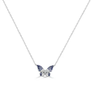14K White Gold Butterfly Necklace with .35ctw Sapphires & .14ctw Diamonds 17-18