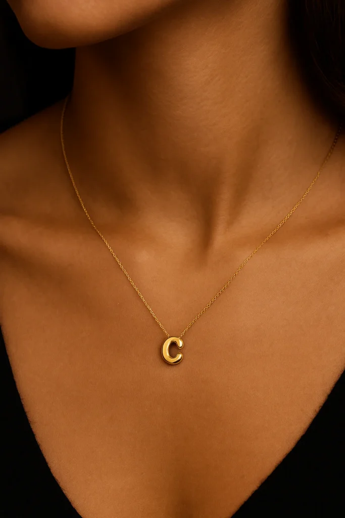 14K Yellow Gold Bubble “C” Initial Necklace 16-18″ Fine Jewelry 4