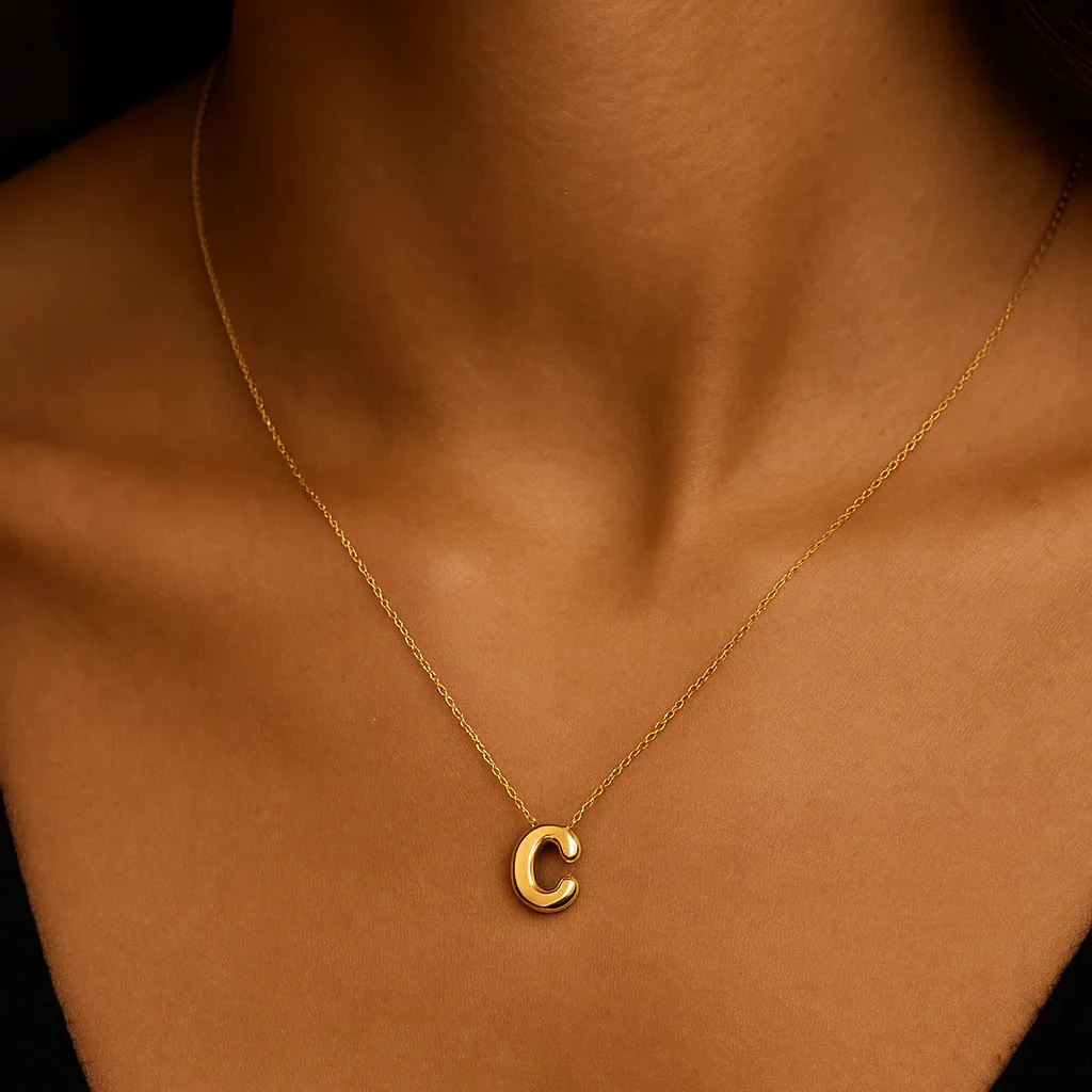14K Yellow Gold Bubble “C” Initial Necklace 16-18″ Fine Jewelry 2
