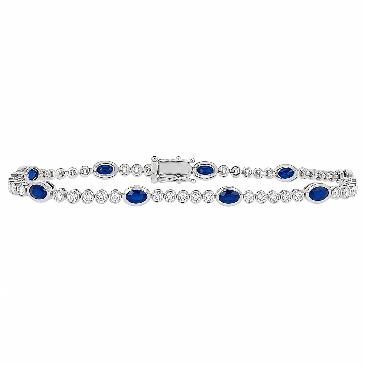 14K White Gold Bezel Bracelet with 2.71ctw Sapphires & 1.23ctw Diamonds 7″ Bracelets