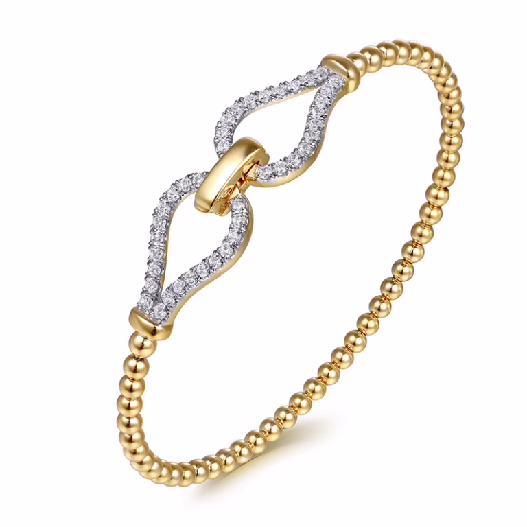 14K Yellow Gold Bujukan Bead Stirrup Bangle with .72ctw Diamonds Size 6 Bracelets 7