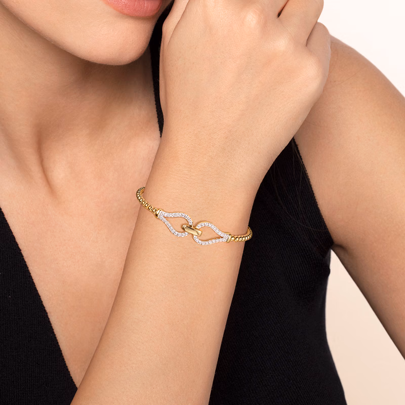 14K Yellow Gold Bujukan Bead Stirrup Bangle with .72ctw Diamonds Size 6 Bracelets 2