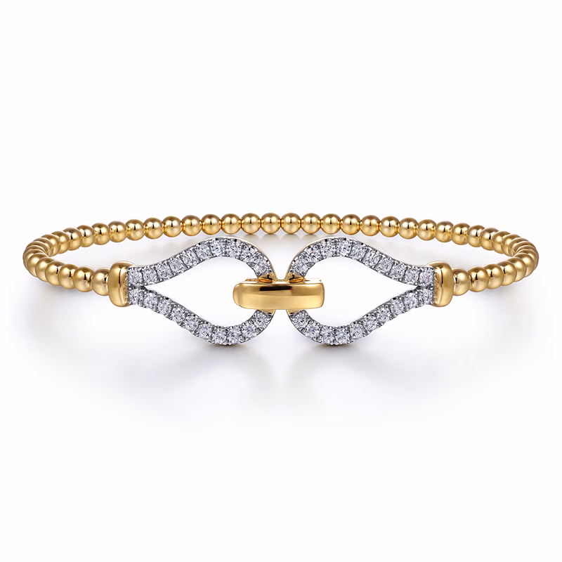 14K Yellow Gold Bujukan Bead Stirrup Bangle with .72ctw Diamonds Size 6 Bracelets