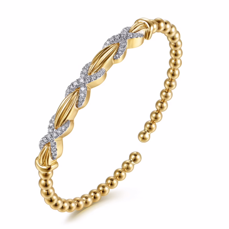 14K Yellow Gold Bujukan Bead X Station Bangle with .49ctw Diamonds Size 6.25 Bracelets 7
