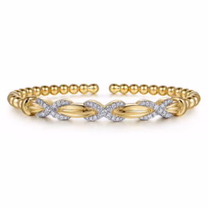 14K Yellow Gold Bujukan Bead X Station Bangle with .49ctw Diamonds Size 6.25