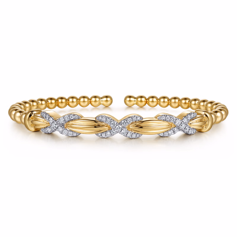 14K Yellow Gold Bujukan Bead X Station Bangle with .49ctw Diamonds Size 6.25 Bracelets