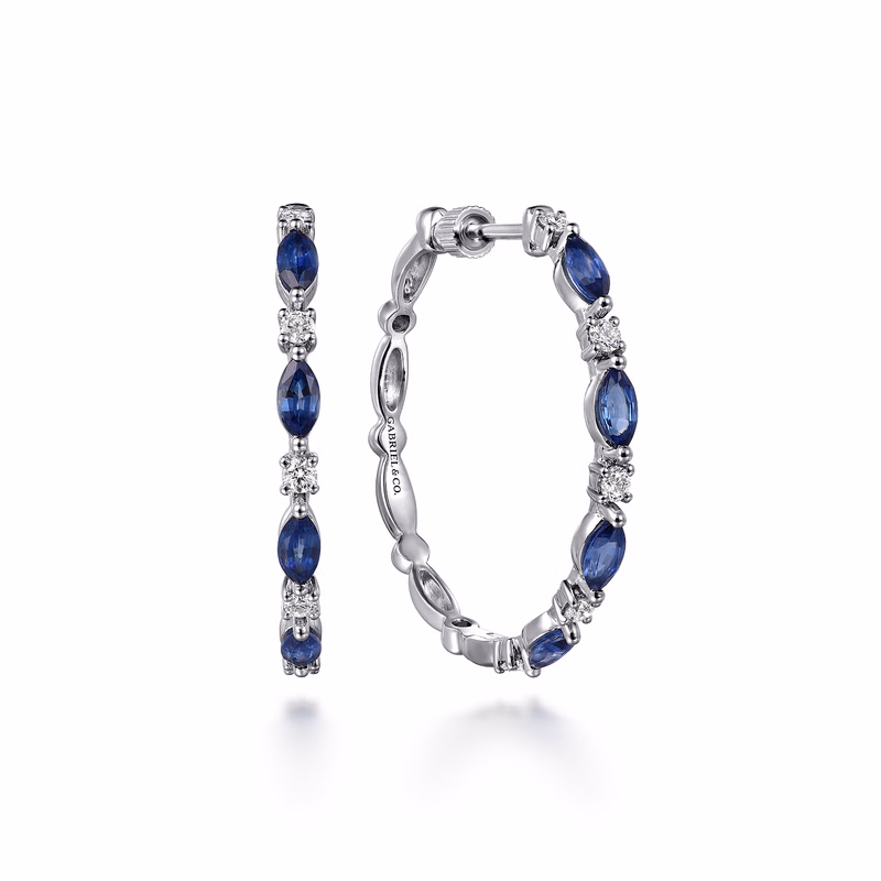 14K White Gold Hoops with 1.60ctw Sapphires & .33ctw Diamonds 30mm Earrings