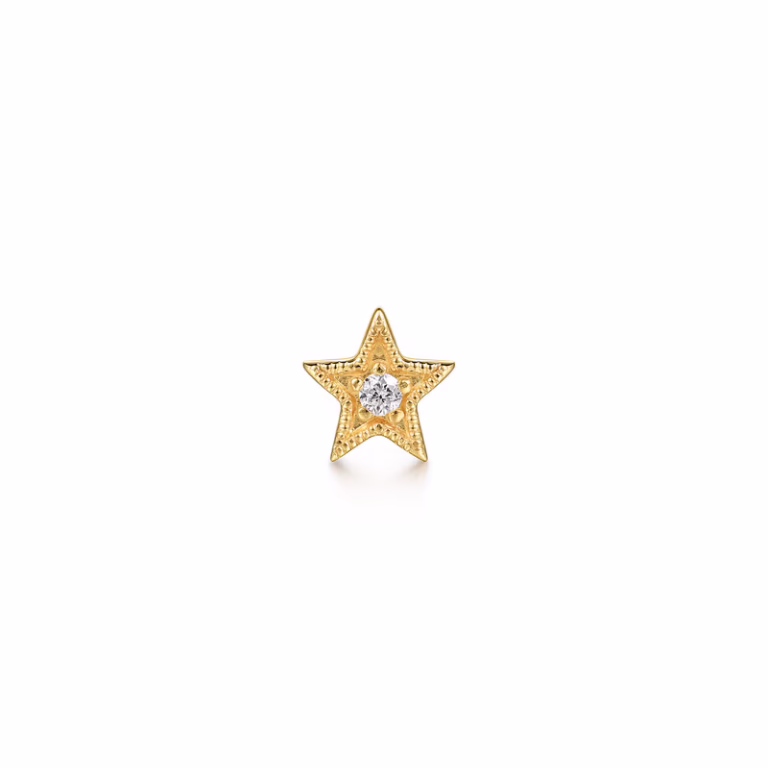 14K Yellow Gold Star Shape Single Flatback Stud with .01ctw Diamond Earrings 6