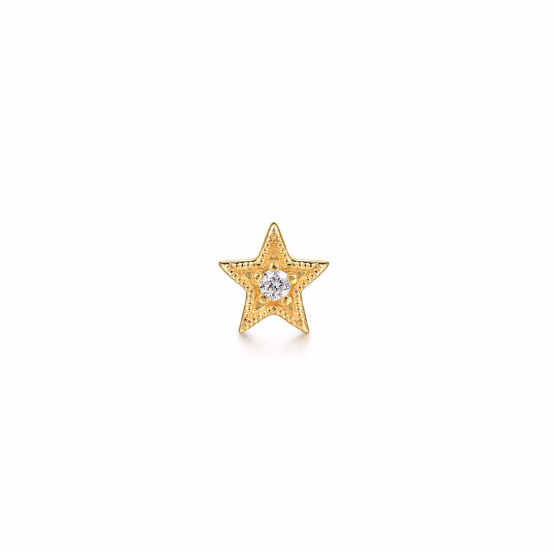 14K Yellow Gold Star Shape Single Flatback Stud with .01ctw Diamond Earrings 3