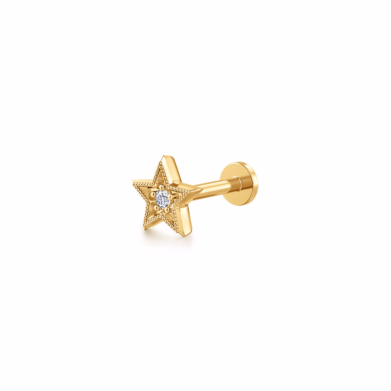 14K Yellow Gold Star Shape Single Flatback Stud with .01ctw Diamond Earrings