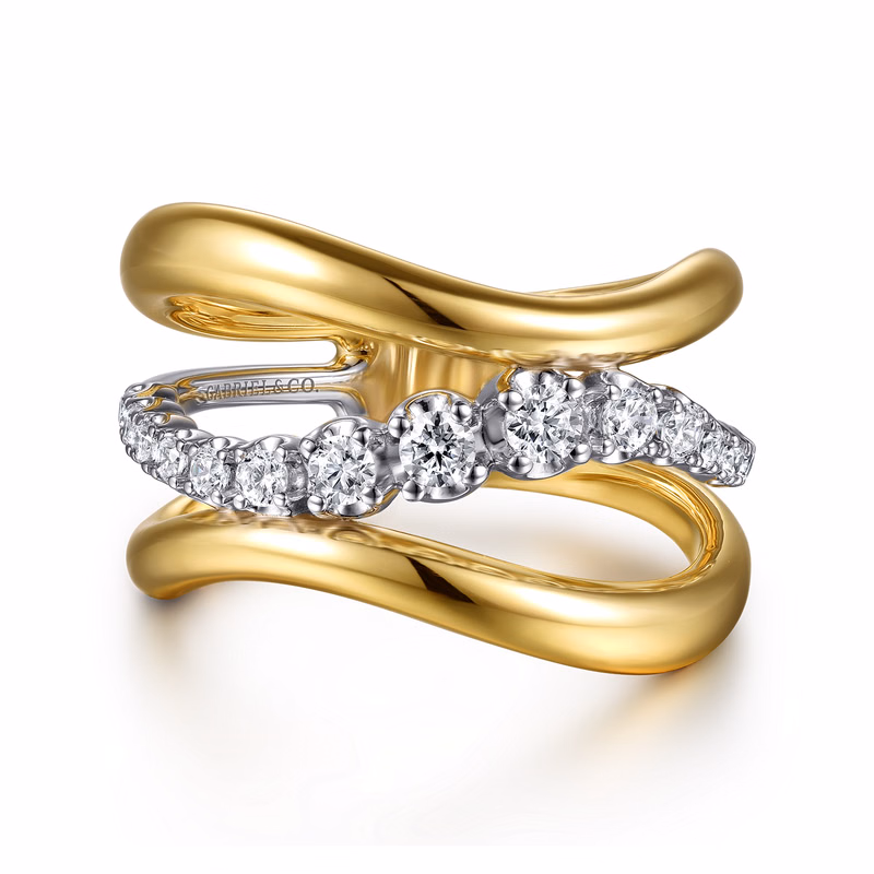 14K Two-Tone Wave Ring with .36ctw Diamonds Size 6.5 Fine Jewelry
