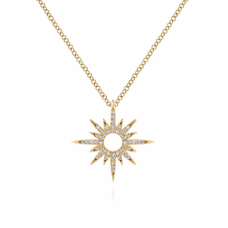14K Yellow Gold Spike Starburst Necklace with .19ctw Diamonds Fine Jewelry